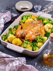 baked chicken with potatoes and broccoli