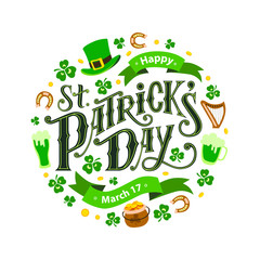 Naklejka premium Happy St. Patrick's Day handwritten lettering quote for postcards, banners, invitation, posters, t-shirts. Vector illustration EPS 10.