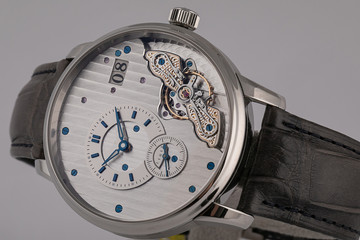 Men's watch with black leather strap,white dial,blue clockwise,Roman numerals,chronograph,...