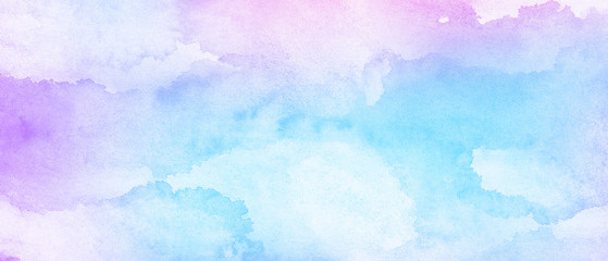 Fantasy smooth light pink, purple shades and blue watercolor paper textured illustration for grunge design, vintage card, templates. Pastel ink colors wet effect hand drawn canvas aquarelle background