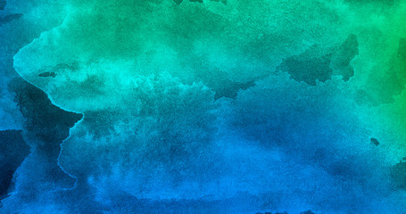 Cosmic neon light blue watercolor background. Paper textured aquarelle deep black canvas for modern creative design. Thunder storm lightning night sky texture multicolor water color paint illustration © KatMoy