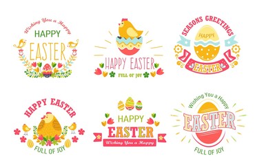 Happy Easter isolated icons religious holiday cake and eggs chicken and bunny spring event religion and Christianity