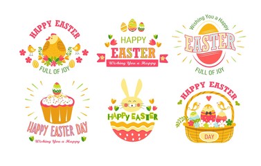 Happy Easter isolated icons religious holiday cake and eggs chicken and bunny spring event religion and Christianity