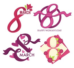 Womens day holiday 8 march isolated icon tulip flowers female sex appreciation celebration and greeting spring plants and date number femininity and love emblem