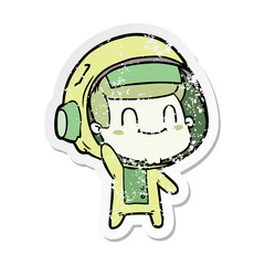 distressed sticker of a happy cartoon astronaut man