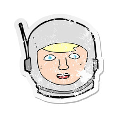 retro distressed sticker of a cartoon astronaut head