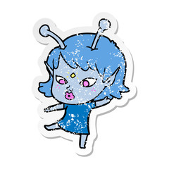 distressed sticker of a pretty cartoon alien girl