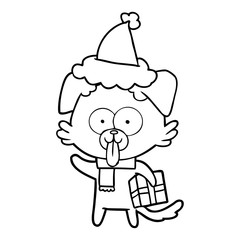 line drawing of a dog with christmas present wearing santa hat