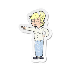 retro distressed sticker of a cartoon friendly woman pointing