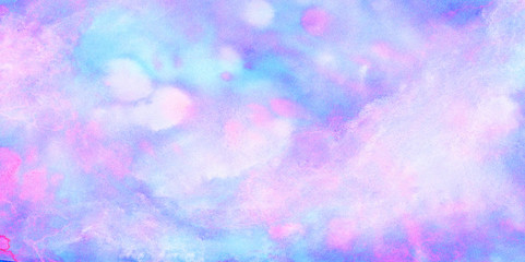 Fantasy smooth light pink, purple shades and blue watercolor paper textured illustration for grunge design, vintage card, templates. Pastel ink colors wet effect hand drawn canvas aquarelle background