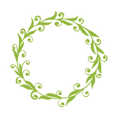 Vector illustration circular frame pink flower and green leaf hand drawn