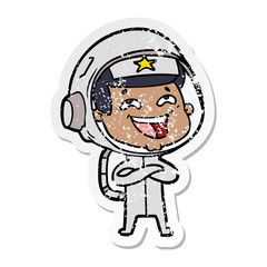 distressed sticker of a cartoon laughing astronaut