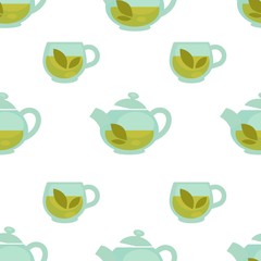Teapot with green tea cartoon vector seamless pattern