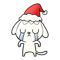 cute gradient cartoon of a dog crying wearing santa hat