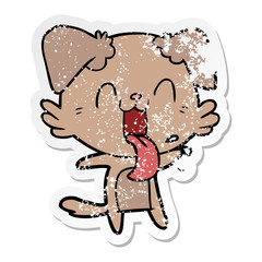 distressed sticker of a cartoon panting dog