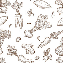 Root food sketch seamless pattern celery and carrot