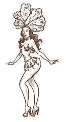 Carnival in Rio de Janeiro girl in bikini and feathers isolated sketch