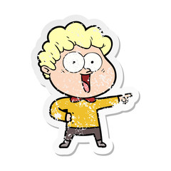 distressed sticker of a cartoon happy man