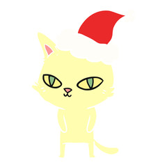flat color illustration of a cat with bright eyes wearing santa hat