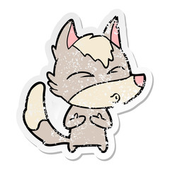 distressed sticker of a cartoon wolf whistling