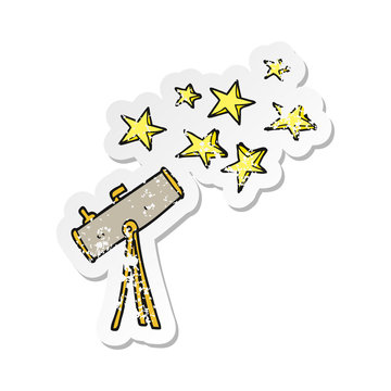 retro distressed sticker of a cartoon telescope and stars