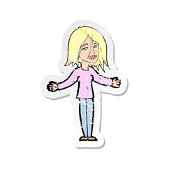 retro distressed sticker of a cartoon woman shrugging shoulders
