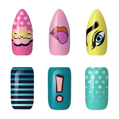 set of colored painted pop art nail stickers. Neon manicure art. nail polish. isolated on a dark background