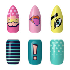 Fototapeta premium set of colored painted pop art nail stickers. Neon manicure art. nail polish. isolated on a dark background