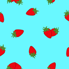 Strawberry fruit seamless pattern background. Bright blue background. Vector illustration for textile print, surface design or packaging