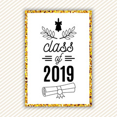 Class of 2019 graduation greeting card with bell, scrol, laurels on striped background with gold frame for invitation, banner, poster, postcard. Vector graduate template. All isolated and layered