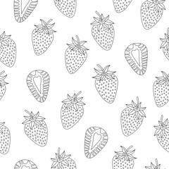 Strawberry fruit seamless pattern background. Black on white background. Vector illustration for textile print, surface design or packaging