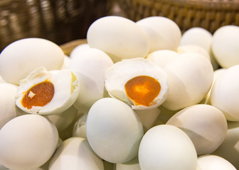 Salted duck eggs for sale in the fresh market, Yolk of salted eggs