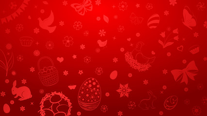 Background of eggs, flowers, cakes, hare, hen, chicken and other Easter symbols in red colors