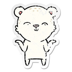 distressed sticker of a happy cartoon polar bear shrugging shoulders