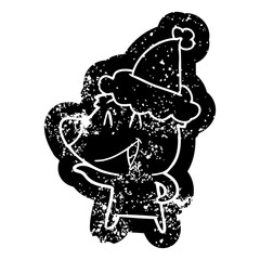 laughing bear cartoon distressed icon of a wearing santa hat