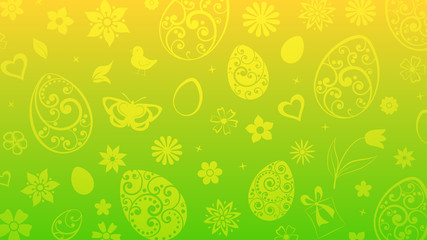 Background of eggs, flowers, gift box, chicken and other Easter symbols in green and yellow colors