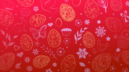 Background of eggs, flowers, cakes, hare, hen, chicken and other Easter symbols in red and yellow colors