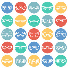 Eyeglasses icons set on colro circles white background for graphic and web design, Modern simple vector sign. Internet concept. Trendy symbol for website design web button or mobile app