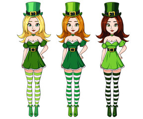 Set of three pretty girls wearing St. Patrick s day costume.