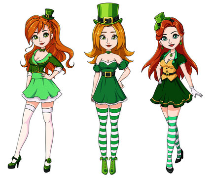 Set of three pretty red-haired girls wearing St. Patrick's day costume. Hand drawn colored illustration on white background. Can be used for coloring books, cards, games etc.