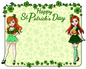 St. Patrick s day background with clover leaves and two pretty girls wearing leprechaun costume.