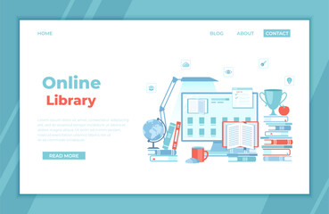 Online Library Reading E-learning Shop Monitor with electronic open book, archive, ebook list, stack of books, table lamp landing page for web, banner. Vector illustration.