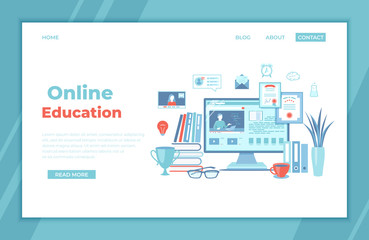Online Education E-learning Online training, courses, exams, testing. Monitor screen with video tutorials, electronic books. Video chat, tasks, diploma. Landing page template, banner