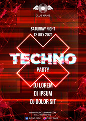 Glitch party poster with blue background and triangle for techno