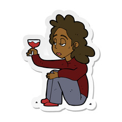 sticker of a cartoon unhappy woman with glass of wine