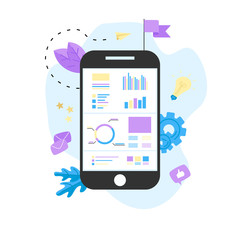 Data analysis design concept. Graph, diagram, statistics on smartphone screen. Business concept
