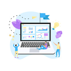 Data analysis design concept. Graph, diagram, statistics on laptop.
