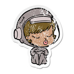 distressed sticker of a cartoon pretty astronaut girl