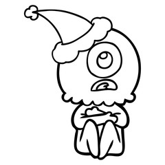 line drawing of a cyclops alien spaceman wearing santa hat