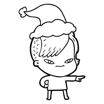 cute line drawing of a girl with hipster haircut wearing santa hat